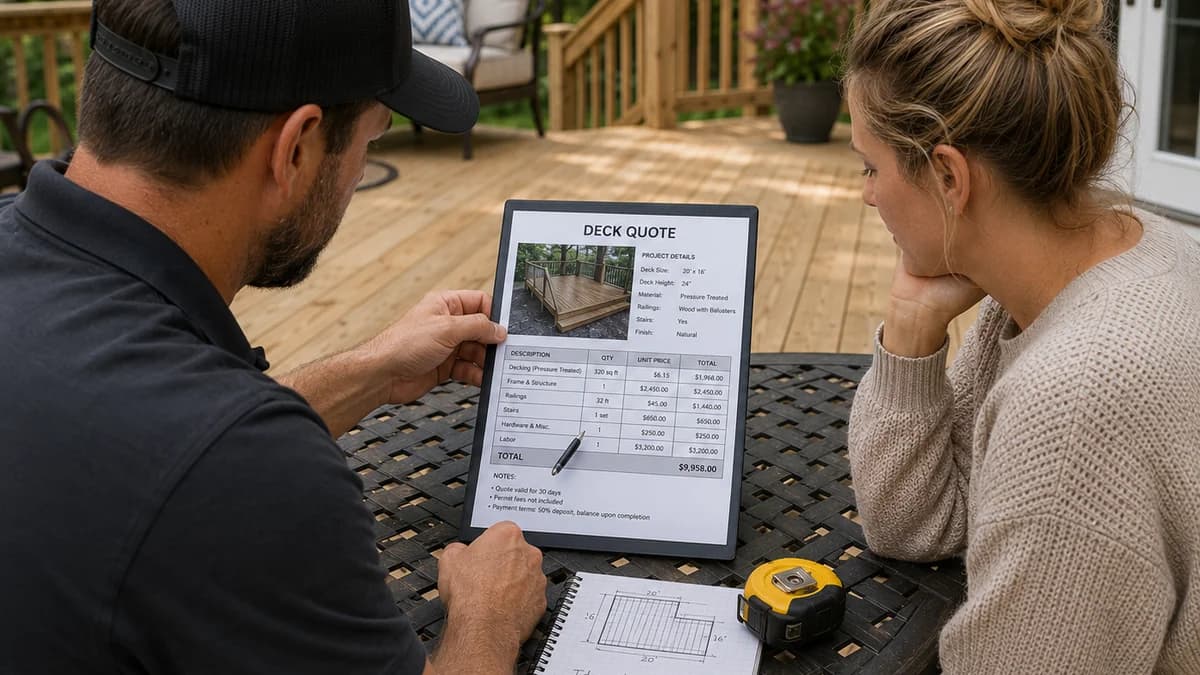 A tradesperson and a homeowner sitting at a patio table on a finished deck, reviewing an itemized deck quote on a clipboard next to a sketched plan and a tape measure