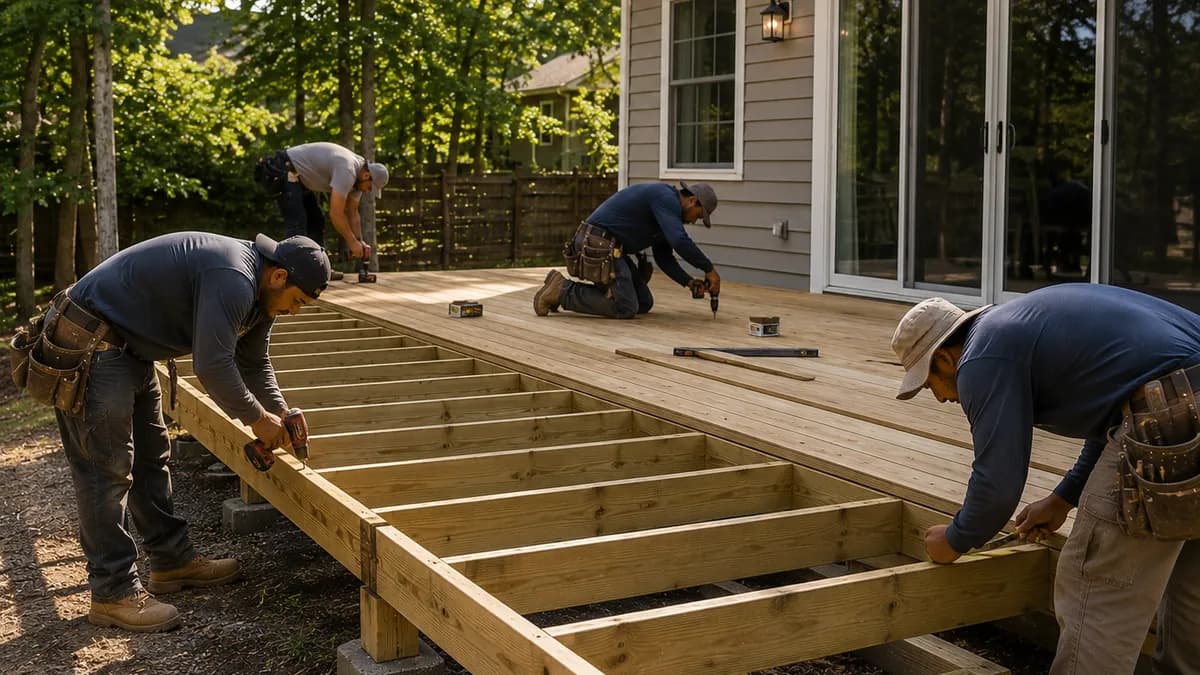A crew driving screws into evenly spaced pressure-treated joists on a partly framed backyard deck, with the beam, posts, and rim joist exposed before any boards are laid
