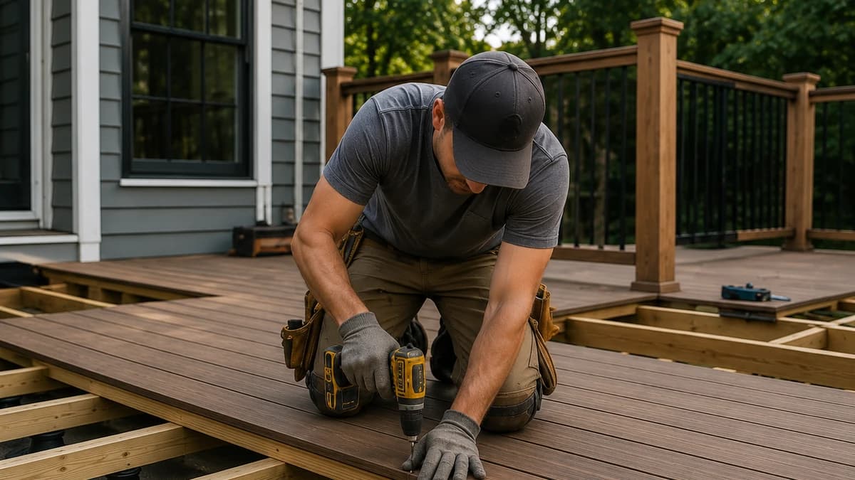 A deck contractor in a tool belt and work gloves kneeling on a partly built deck, driving a fastener into a composite deck board with a cordless drill, with pressure-treated joists on pedestal supports and a finished wood railing behind him.
