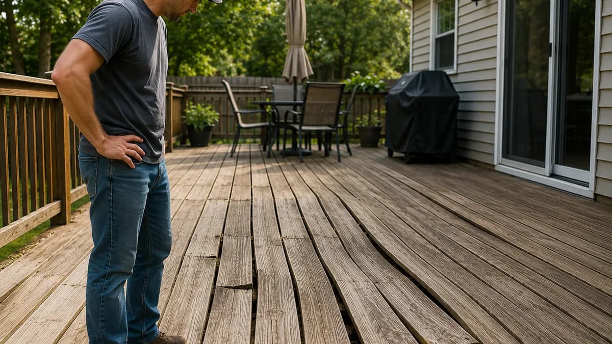 A homeowner standing on a weathered wood deck looking down at several visibly warped and cupped boards that have curled and pulled away from level