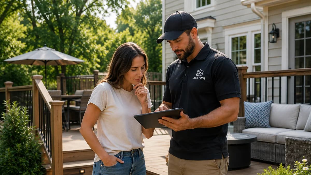 A homeowner and a deck contractor review a quote on a tablet beside a backyard deck