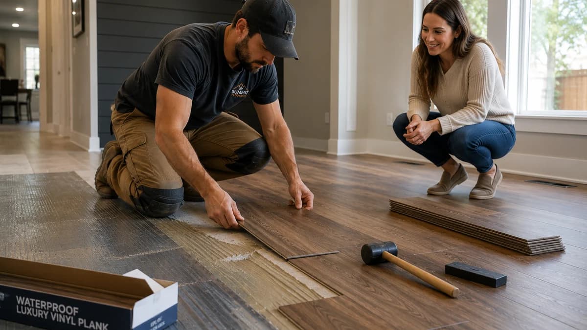 Installer clicking a plank into place on a floating floor, with a rubber mallet, tapping block, and pull bar resting beside an open carton of planks.