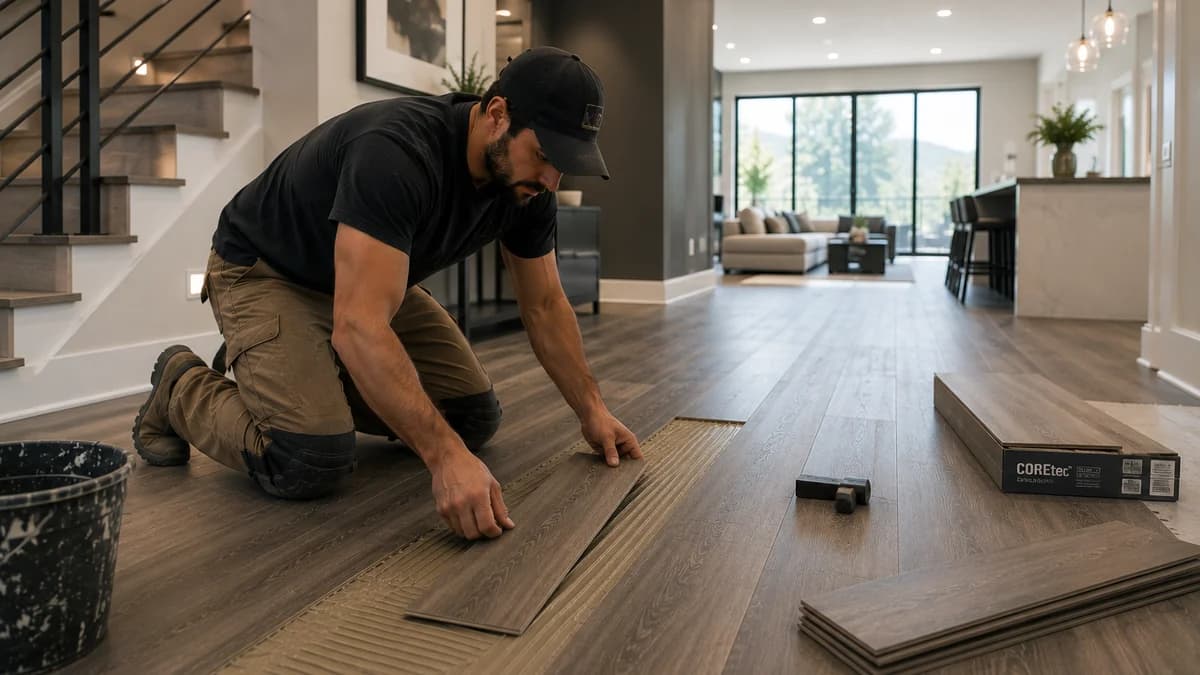 Installer setting plank flooring onto a prepared substrate spread with troweled adhesive, a mixing bucket and mallet nearby.