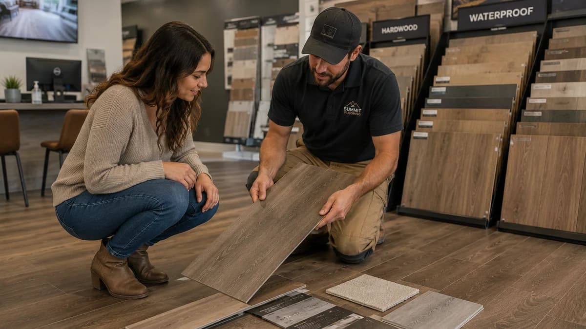 Homeowner and a flooring contractor crouched together over plank samples in a showroom, with hardwood and waterproof sample racks behind them.