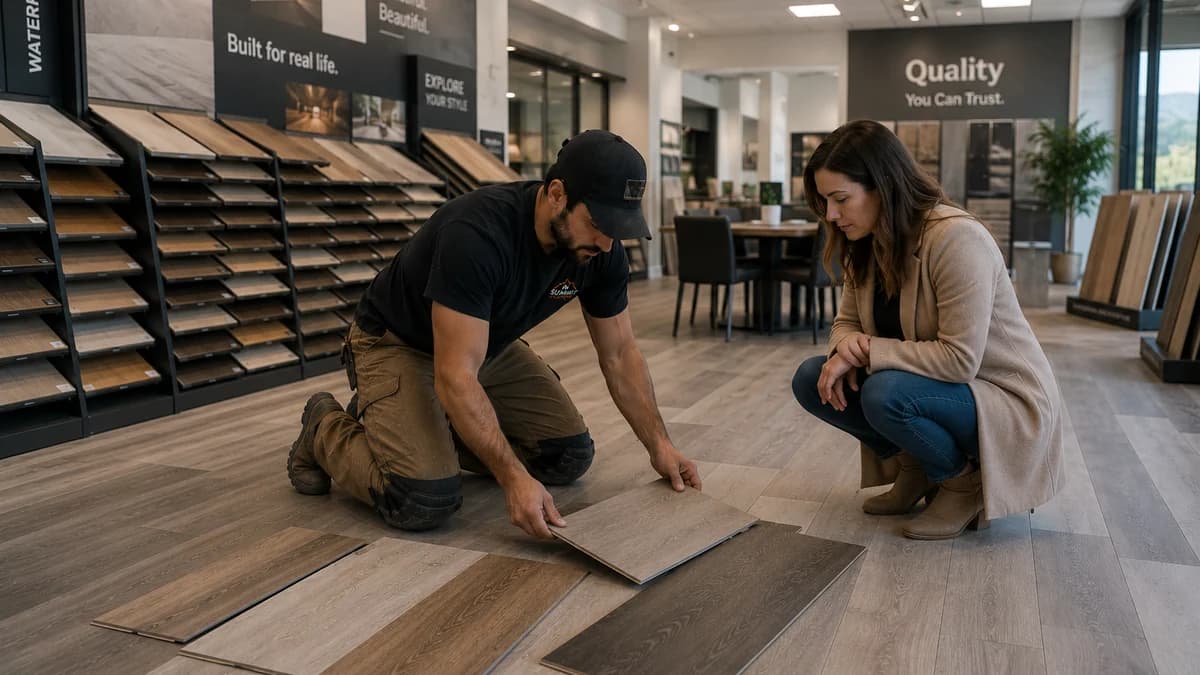 Flooring installer laying several plank samples side by side on a showroom floor while a homeowner crouches to compare them.