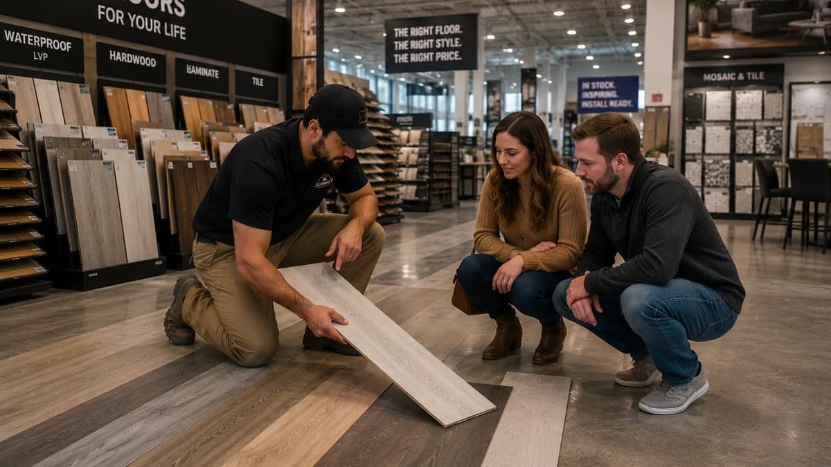 Flooring installer holding up a plank and pointing out a detail on its surface while two homeowners crouch and look closely.