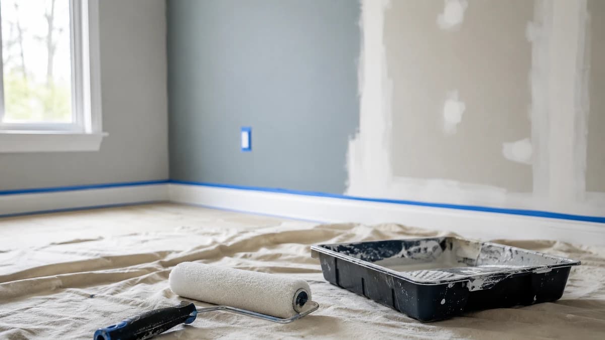 A paint roller and a tray of white paint sit on a canvas drop cloth in an empty room, with blue painters tape along the baseboard and one wall painted grey next to a wall still showing patched drywall.