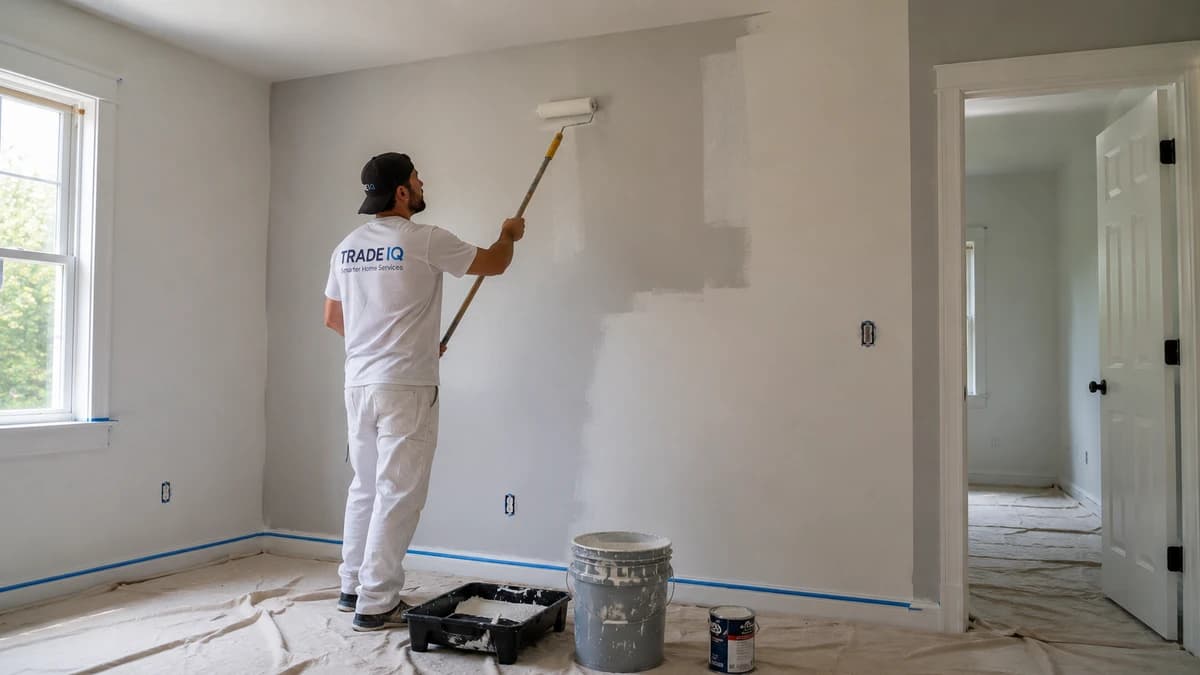 A painter in white rolls a fresh coat of gray paint onto an interior wall in an empty room, with drop cloths, a roller tray, and paint buckets on the floor.