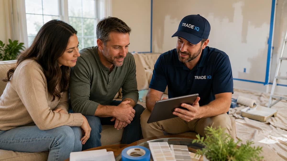 A homeowner couple sit on a sofa reviewing a painting estimate on a tablet held by a vetted TradeIQ consultant wearing navy branded workwear, with drop cloths and blue painter's tape on a half-prepped wall behind them.