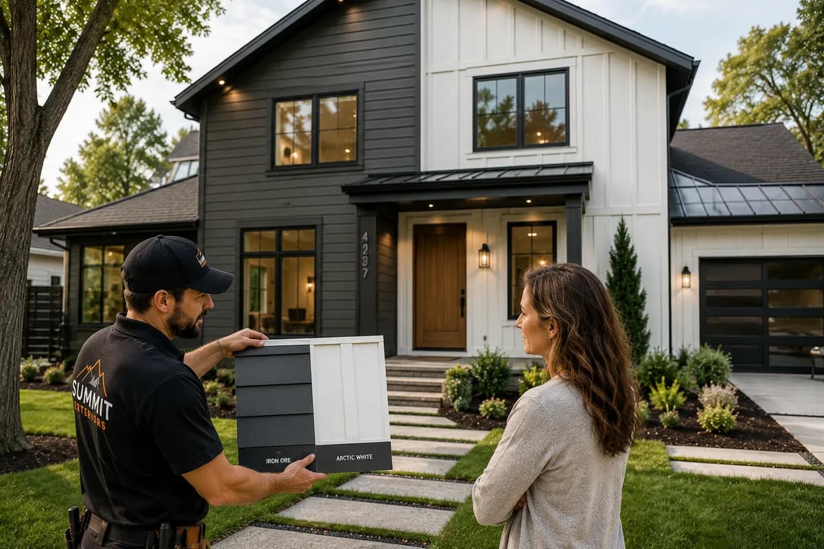 A siding contractor holds dark and white siding color samples in front of a modern black-and-white farmhouse clad in lap and board-and-batten siding.