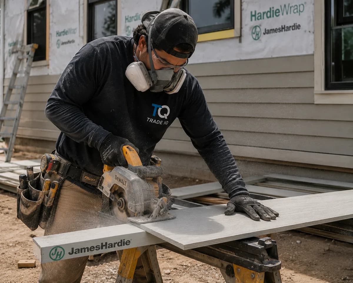 A worker cuts a James Hardie fiber-cement plank with a circular saw on sawhorses while wearing a half-face respirator and safety glasses, dust in the air.