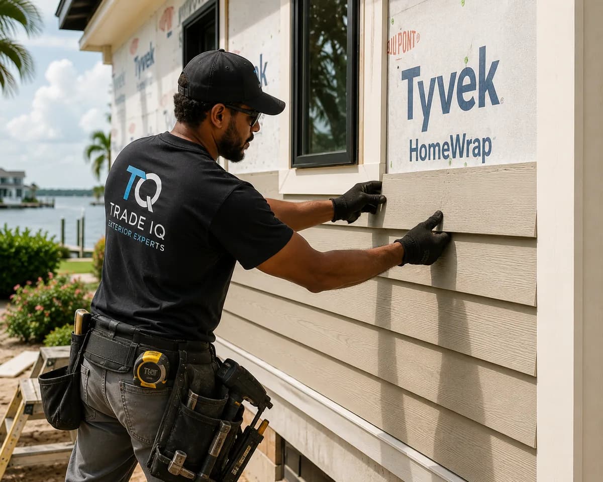An installer fits a lap siding plank onto an exterior wall over DuPont Tyvek HomeWrap, with the next course already run below the window.