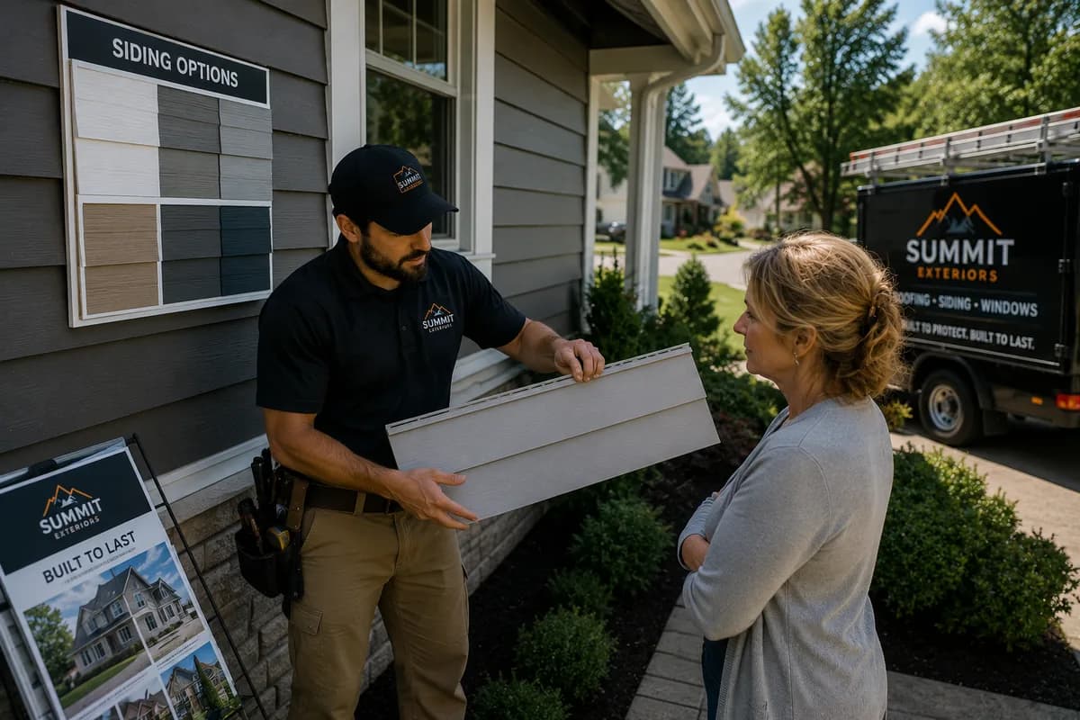 A siding contractor holds up a vinyl lap panel next to a wall of siding samples while a homeowner listens, the company work van parked at the curb.