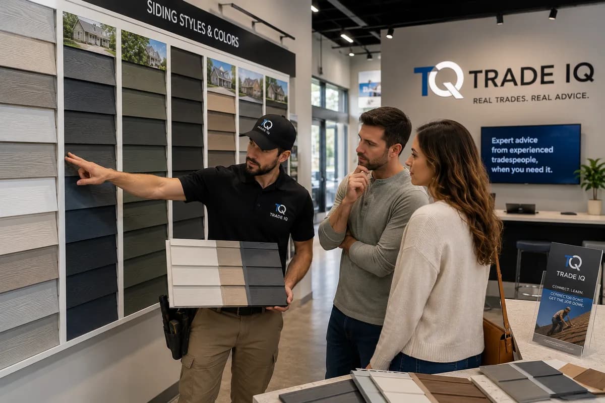 A TradeIQ advisor points out siding profiles on a "Siding Styles & Colors" sample wall to a couple weighing their options in a showroom.
