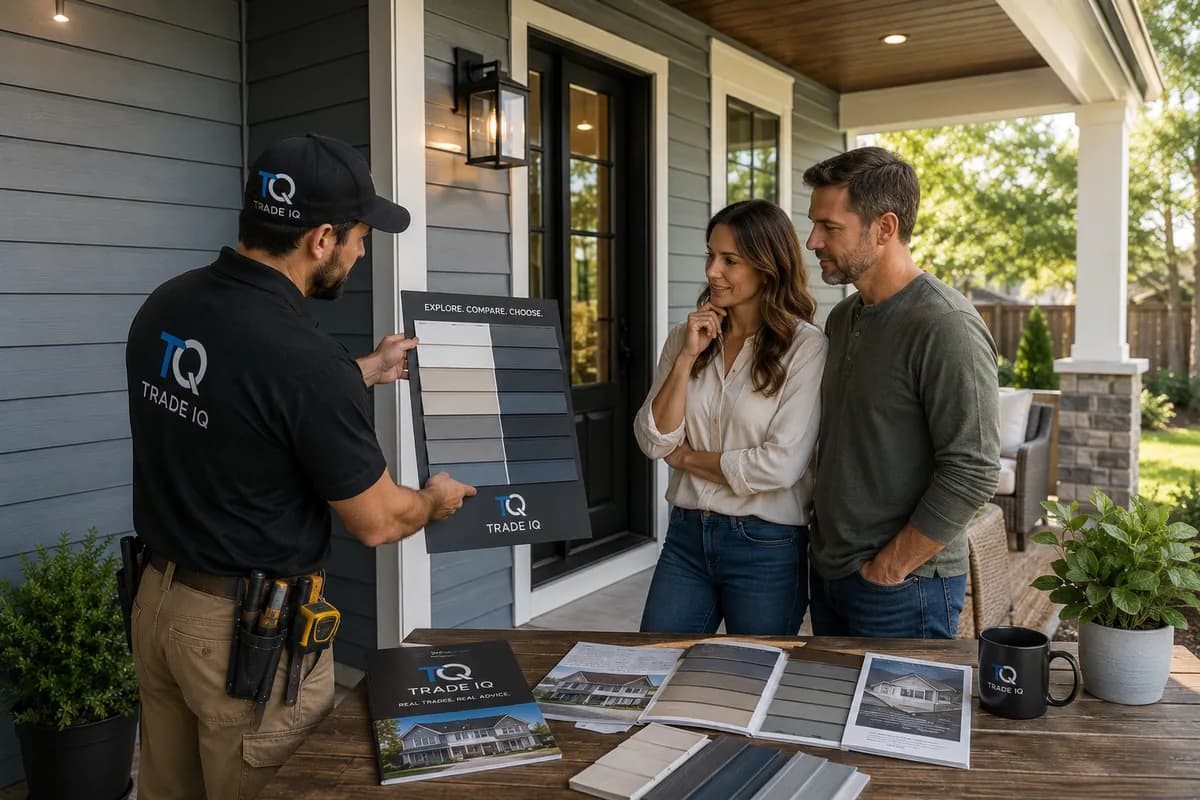 A siding advisor shows a homeowner couple an "Explore. Compare. Choose." board of siding samples on a porch, with product brochures spread on the table.