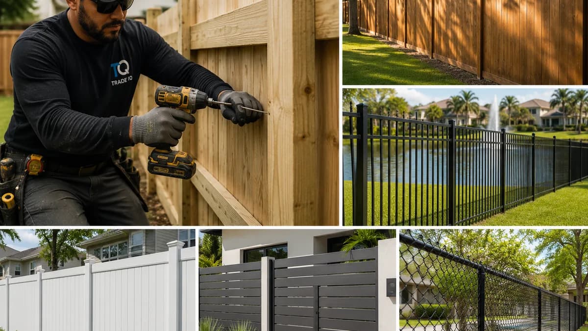 A grid of residential fence styles: a wood privacy fence being installed, plus finished black aluminum, white vinyl, dark composite, and black chain-link fences.