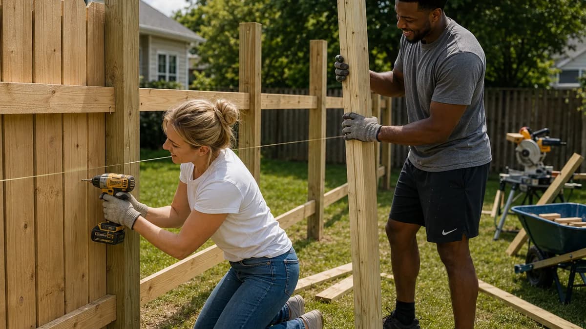 Two people setting a wood fence in a backyard, one kneeling to drill a rail along a string line while the other holds a post plumb.