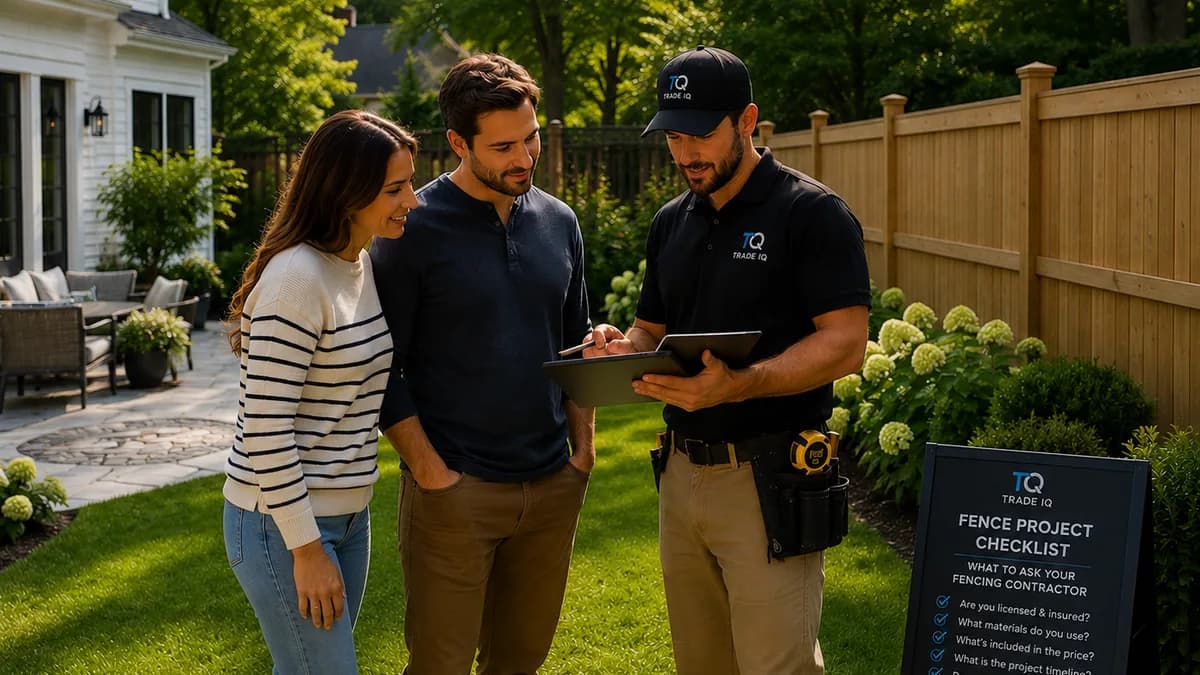 A couple reviewing a fence project on a tablet with a TradeIQ contractor, beside a sign listing what to ask your fencing contractor.