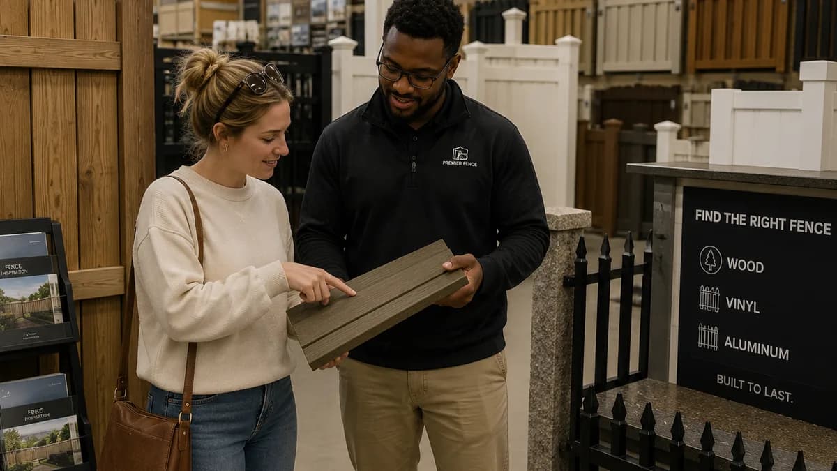 A homeowner comparing fence material samples with a fence-store salesperson beside a display reading Find the Right Fence: wood, vinyl, aluminum.