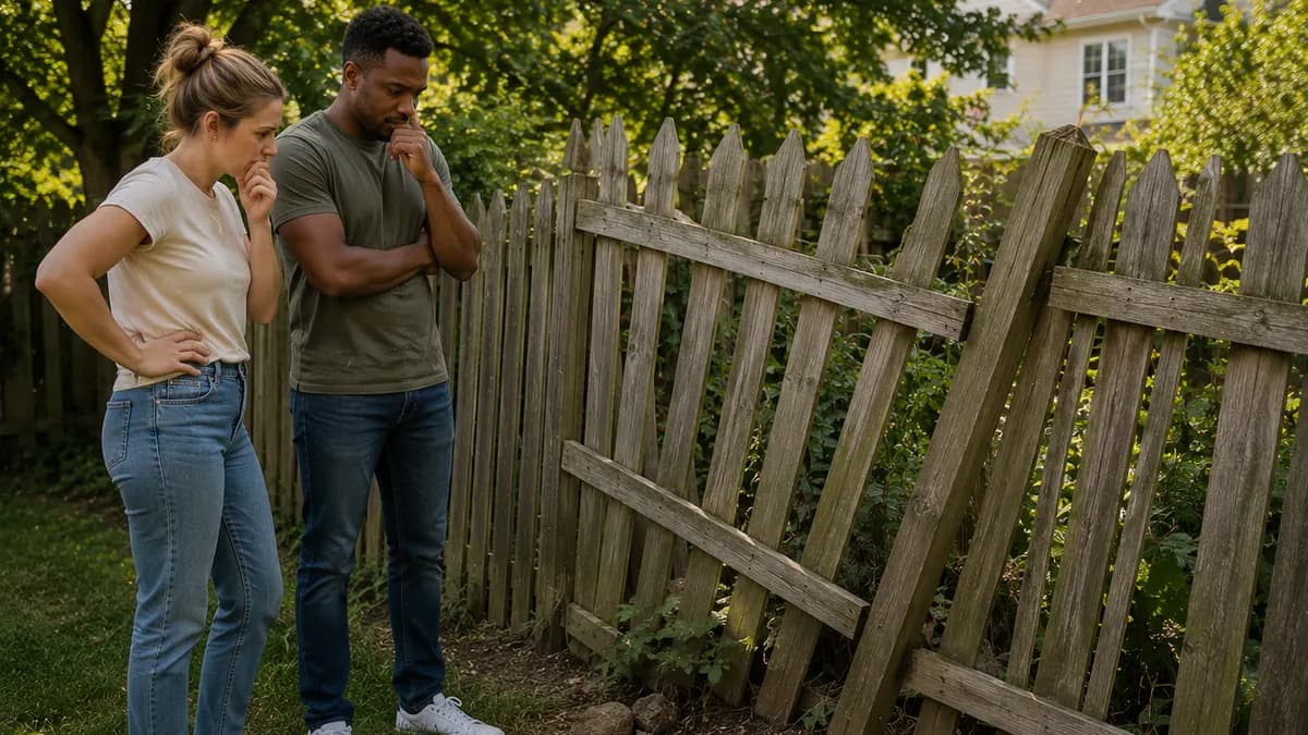 A concerned couple looking at an old wooden picket fence that is leaning and falling over in an overgrown backyard.