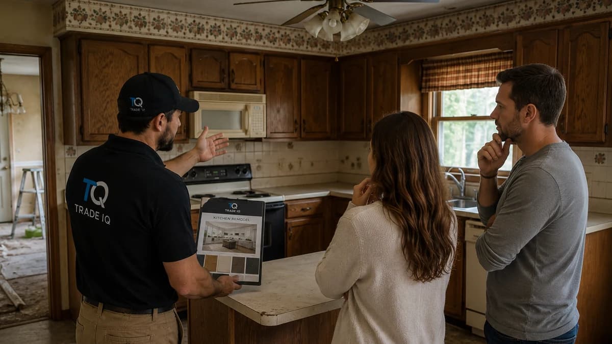 A couple stands in a dated oak kitchen with a floral wallpaper border while an advisor holds a remodel plan board, a stepladder and demolition debris visible through the doorway behind them.