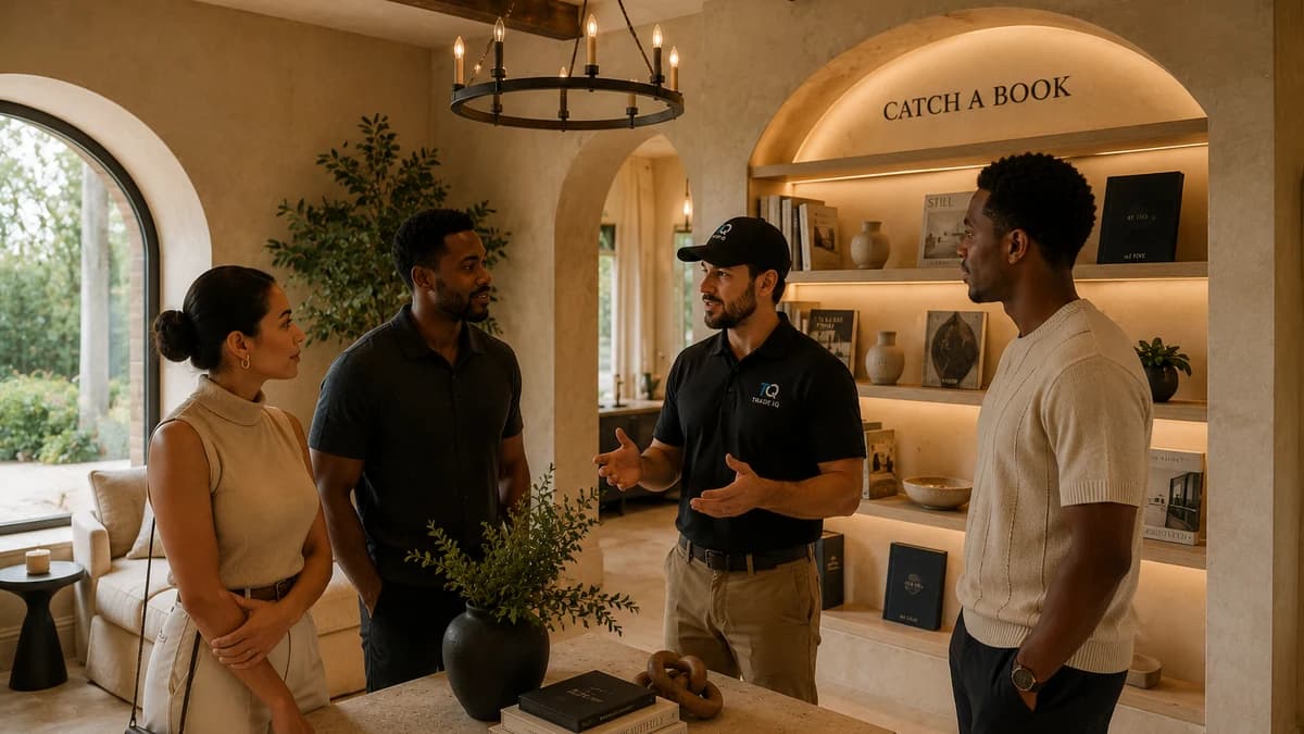 A kitchen advisor in a cap and polo shirt talks with three homeowners standing around a stone table, mid-sentence with both hands raised as he explains something.