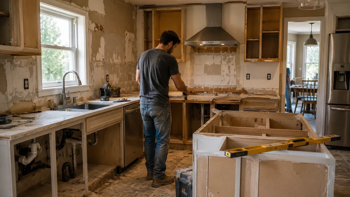 A remodeler works along a run of base cabinets in a gutted kitchen with stripped walls, exposed sink plumbing, and an unfinished island frame with a spirit level resting on top of it.