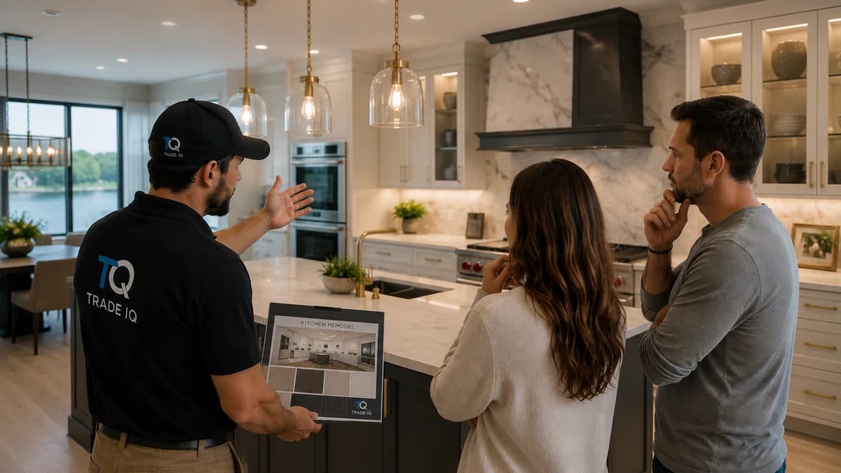 An advisor holds a kitchen remodel plan board with material samples clipped to it while a couple listens across a marble island in a finished kitchen.