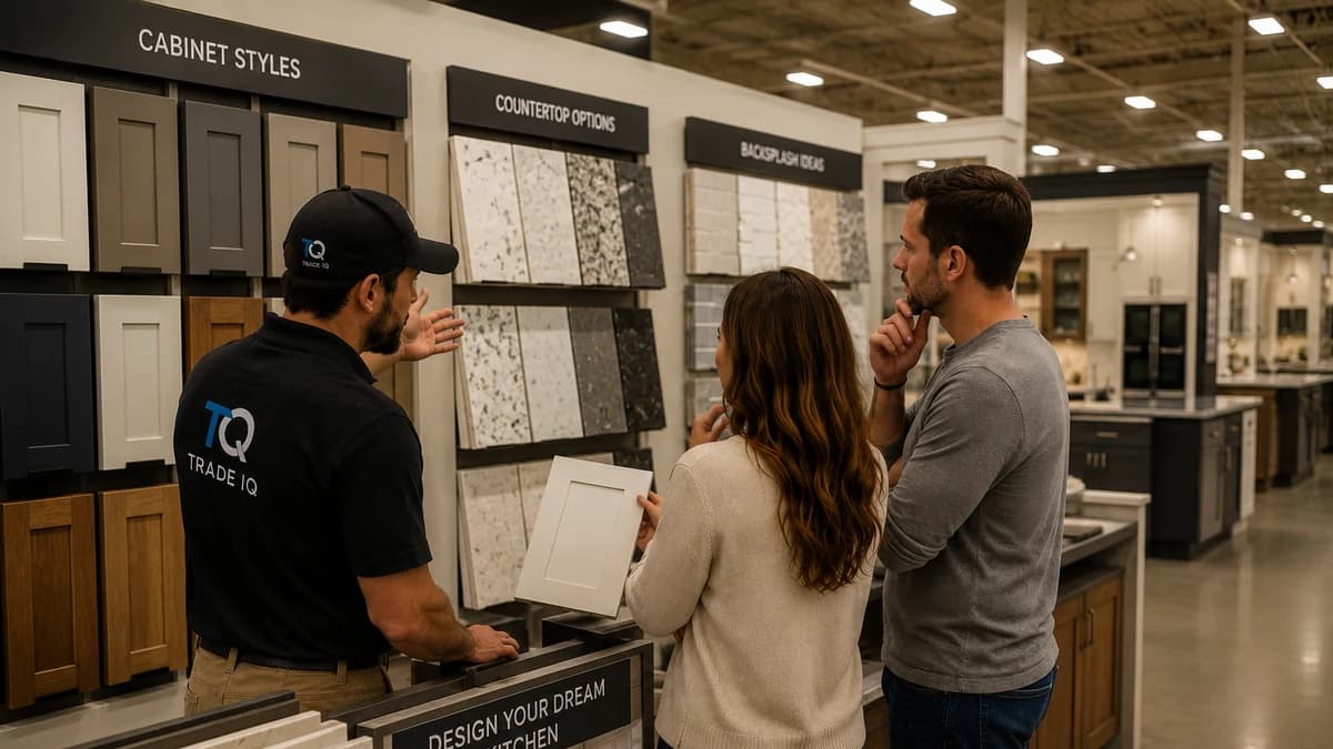 A couple studies a white cabinet door sample in a kitchen showroom, standing between display boards labelled cabinet styles, countertop options, and backsplash ideas while an advisor points at the countertop slabs.