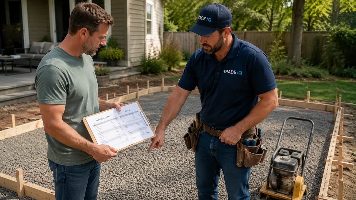 A bearded TradeIQ estimator in a navy polo and cap points at a line item on the concrete bid a homeowner is holding, both standing on a freshly compacted gravel base framed by wood forms, with a plate compactor parked at the edge of the pour area.