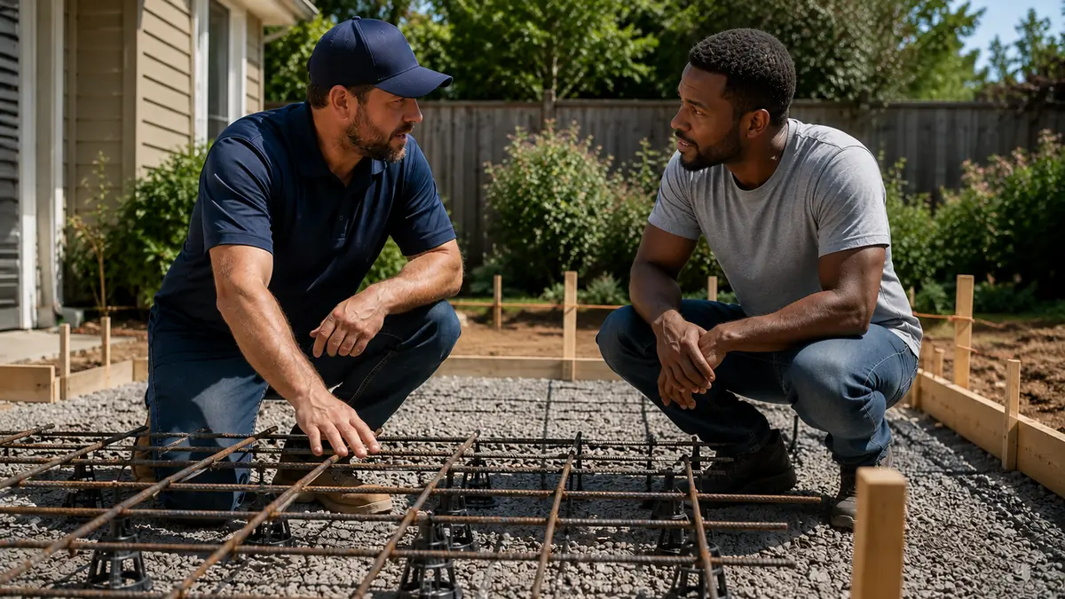 A bearded concrete contractor in a navy cap rests his hand on a rebar mat held up off the ground by black plastic chairs, explaining the steel to a homeowner in a grey t-shirt who has crouched to the same height across the grid from him.
