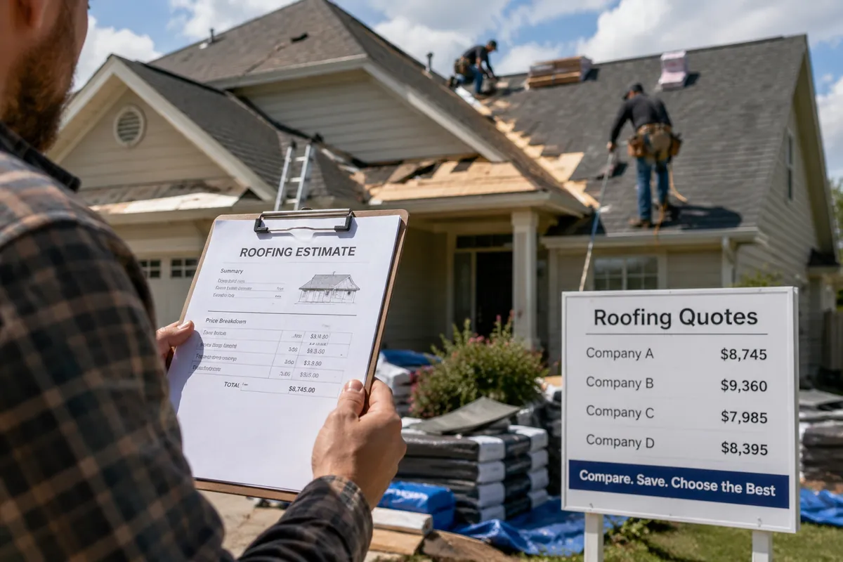 Homeowner holding a roofing estimate next to a sign comparing four roofing company quotes, with a crew re-roofing the house behind them.