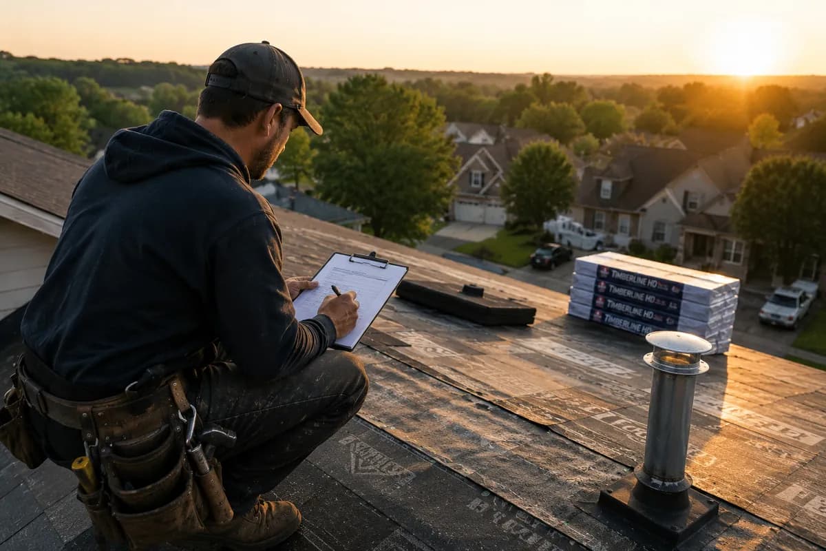 A roofer kneeling on a stripped roof deck at sunset, writing on a clipboard next to stacked shingle bundles while assessing the roof.