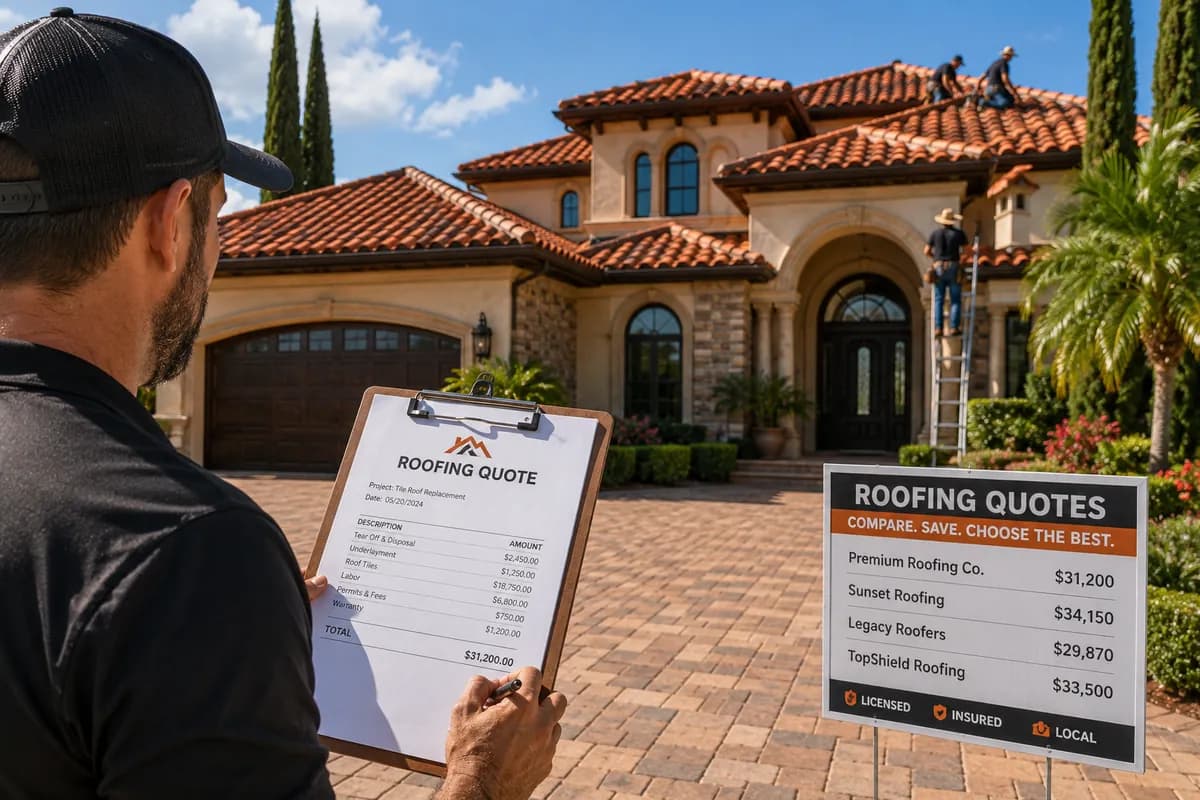 Homeowner reviewing a roofing quote next to a sign showing four contractor prices with licensed, insured, and local badges, and a crew working on a tile roof behind.