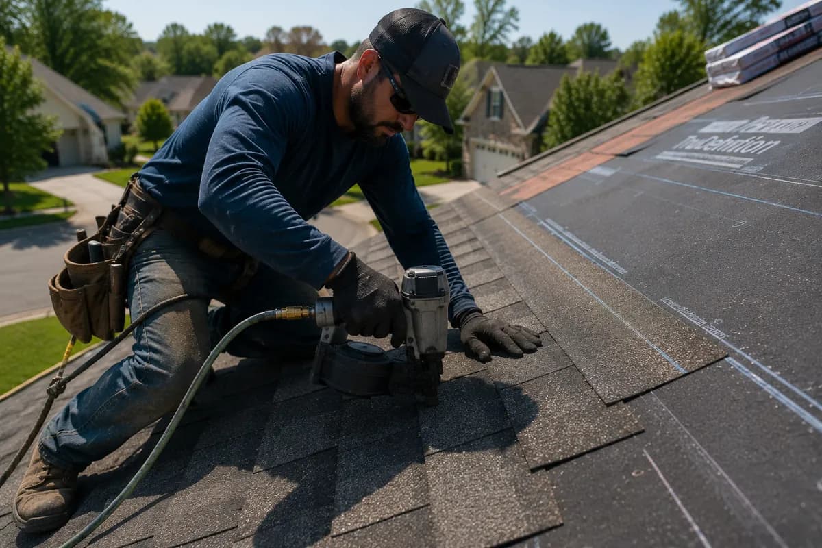 A roofer kneeling on a roof deck using a nail gun to fasten new architectural shingles over fresh underlayment.
