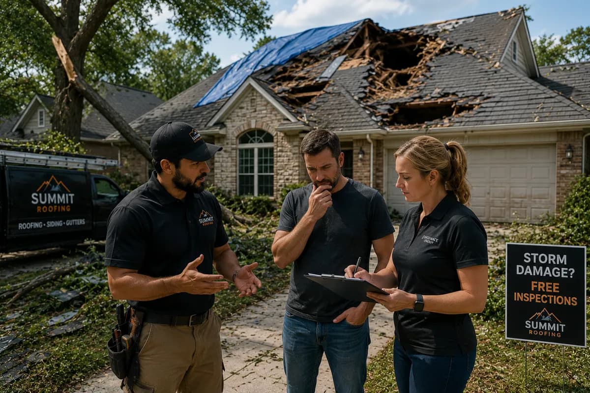 A roofing contractor and a homeowner in a storm-damaged front yard while a woman with a clipboard documents the roof damage, with a caved-in tarped roof behind them.