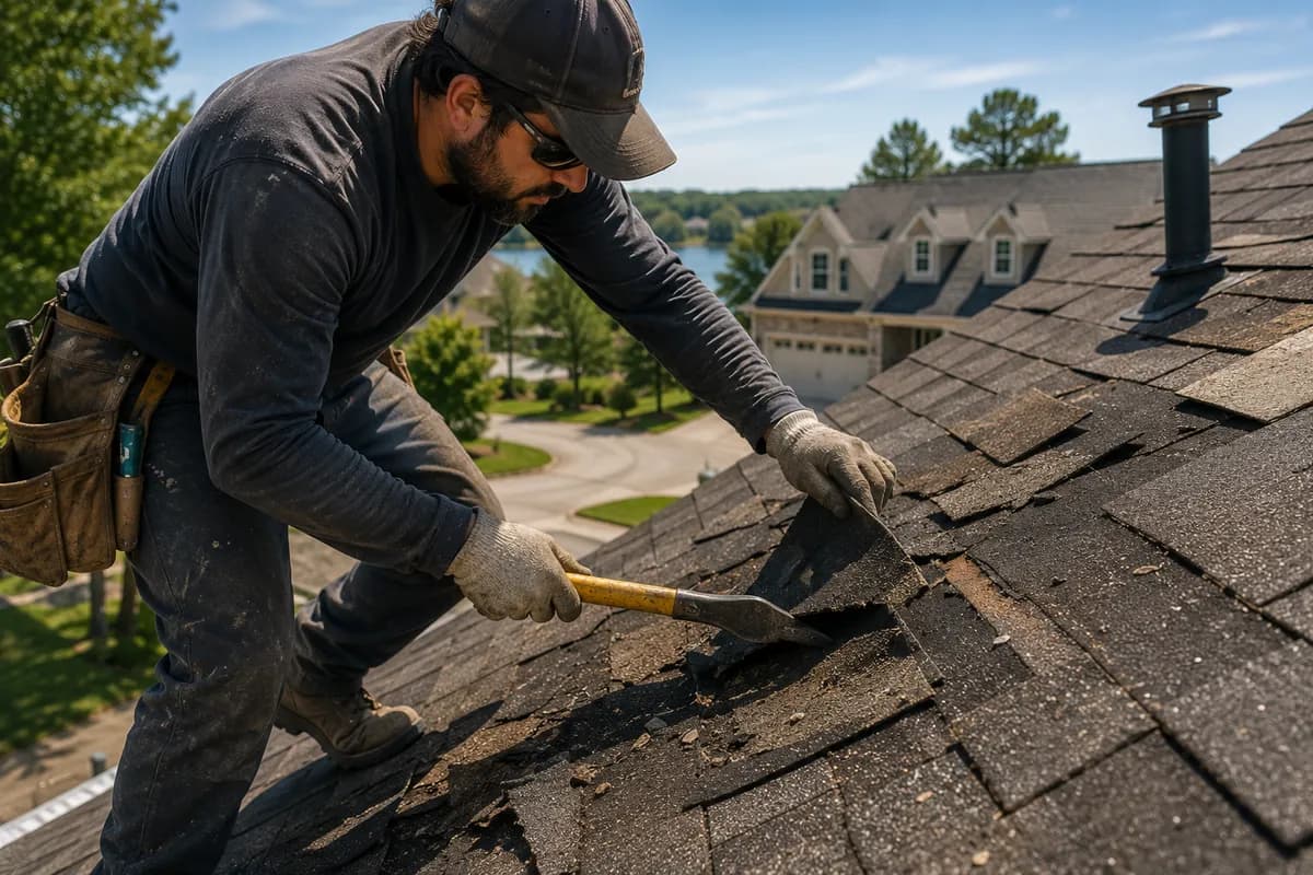 A roofer on a shingle roof lifting a damaged shingle with a pry bar to trace a leak, with a lakeside house in the background.
