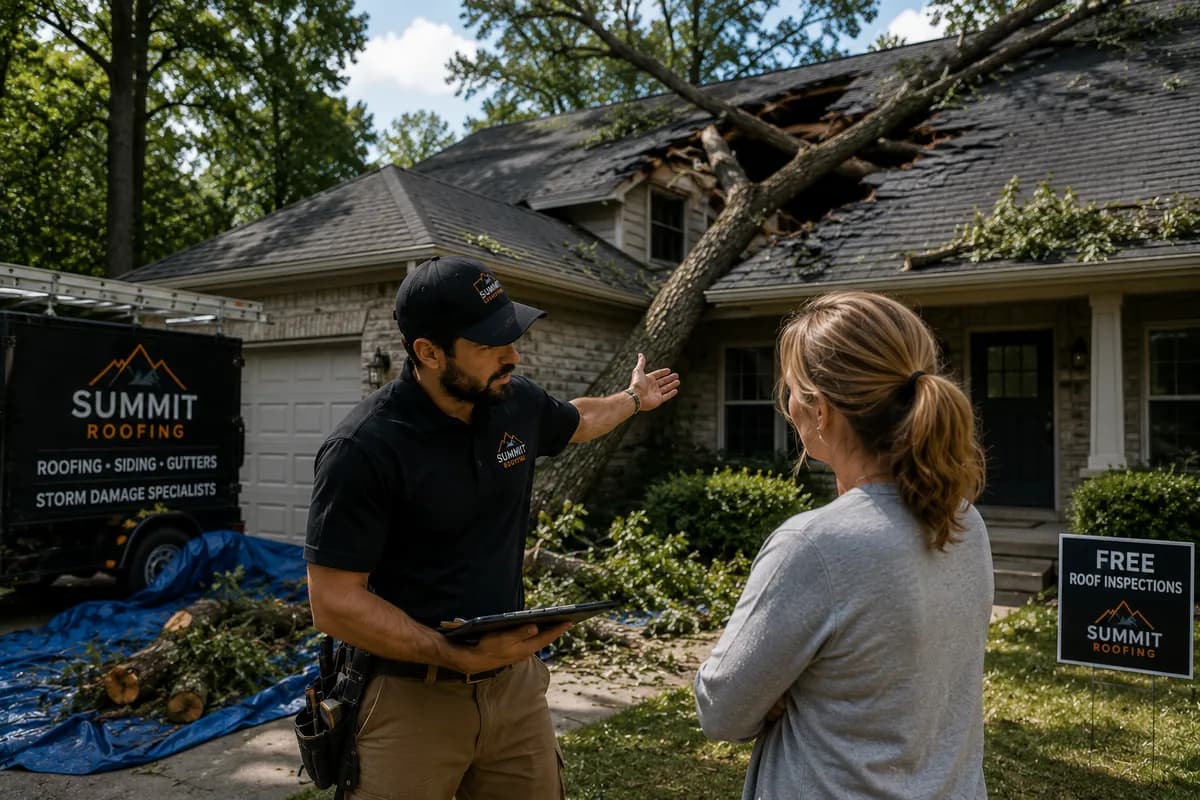 A roofing contractor pointing out storm damage where a large tree has fallen through the roof of a home, talking with the homeowner beside a debris-covered yard.