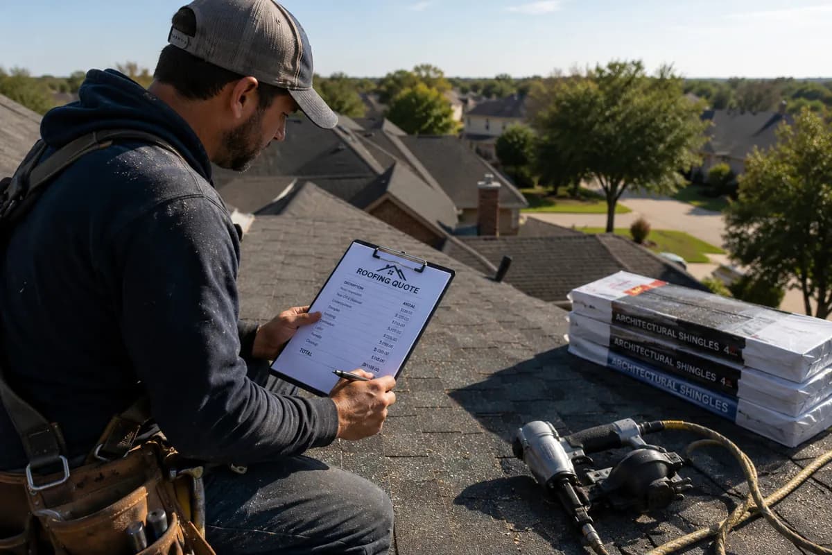 A roofer on a rooftop checking a line-itemized shingle estimate on a clipboard beside bundles of architectural shingles and a nail gun.