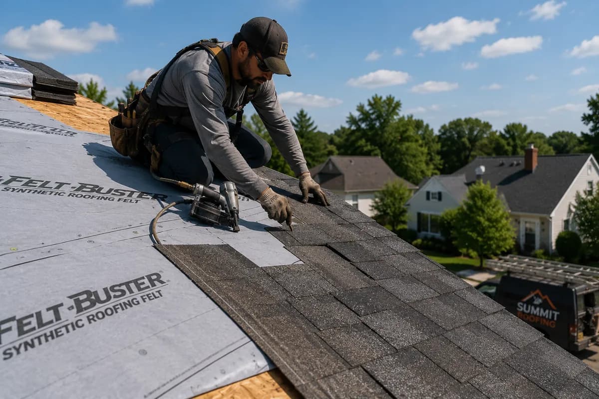 A roofer nailing new shingles over synthetic felt underlayment on a suburban roof, with a branded local roofing van parked at the curb.