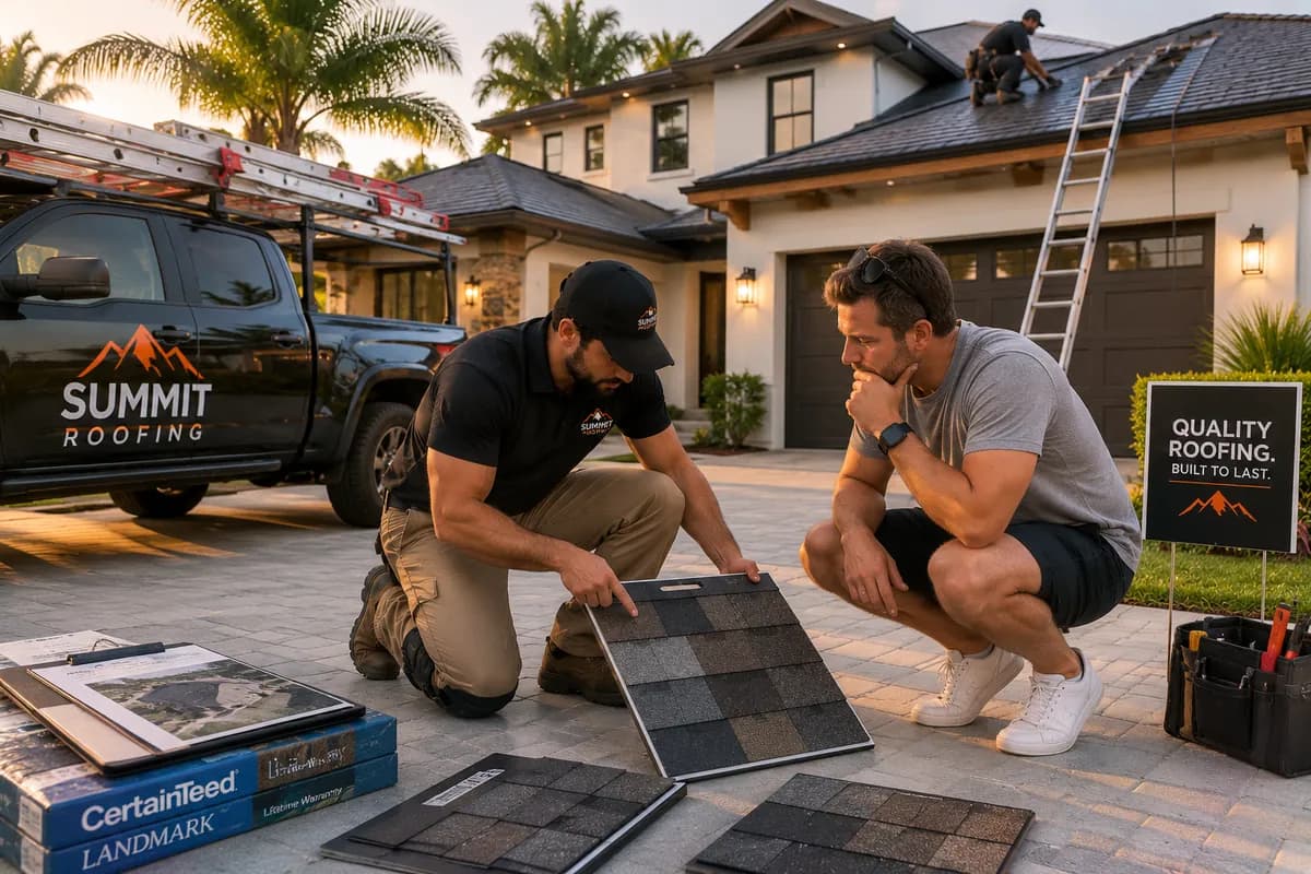 A roofing contractor kneeling in a driveway showing a homeowner shingle sample boards to compare, with a company truck, shingle boxes, and a yard sign nearby.