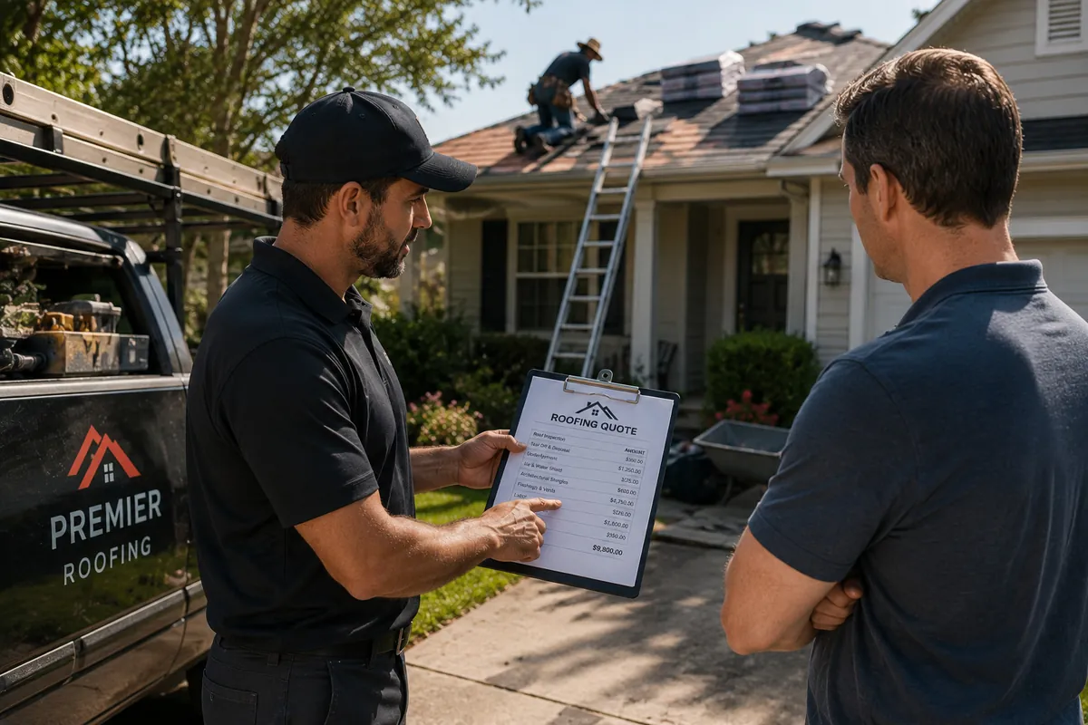 A roofing contractor showing a homeowner an itemized roofing quote on a clipboard in the driveway, with a crew working on the roof behind them.