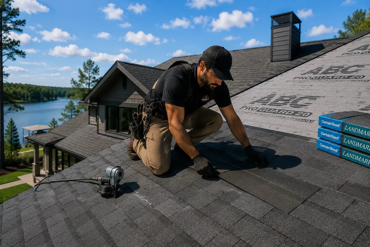 A roofer kneeling to fasten new CertainTeed Landmark architectural shingles over synthetic underlayment on a lakeside home, with shingle bundles stacked beside him.