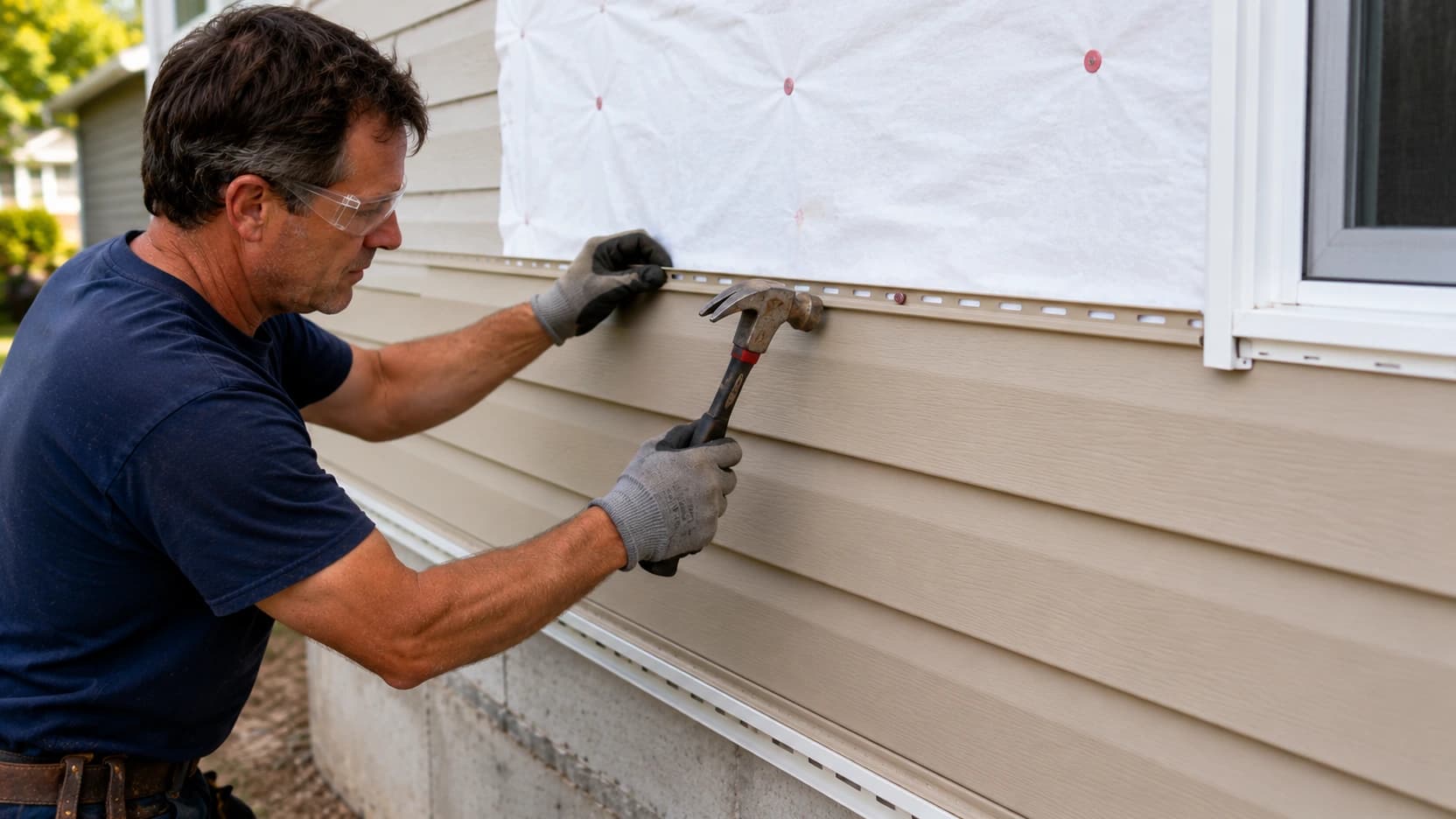 Installer driving a nail through the slotted nailing hem of a beige vinyl siding panel, with house wrap and a J-channel window above.